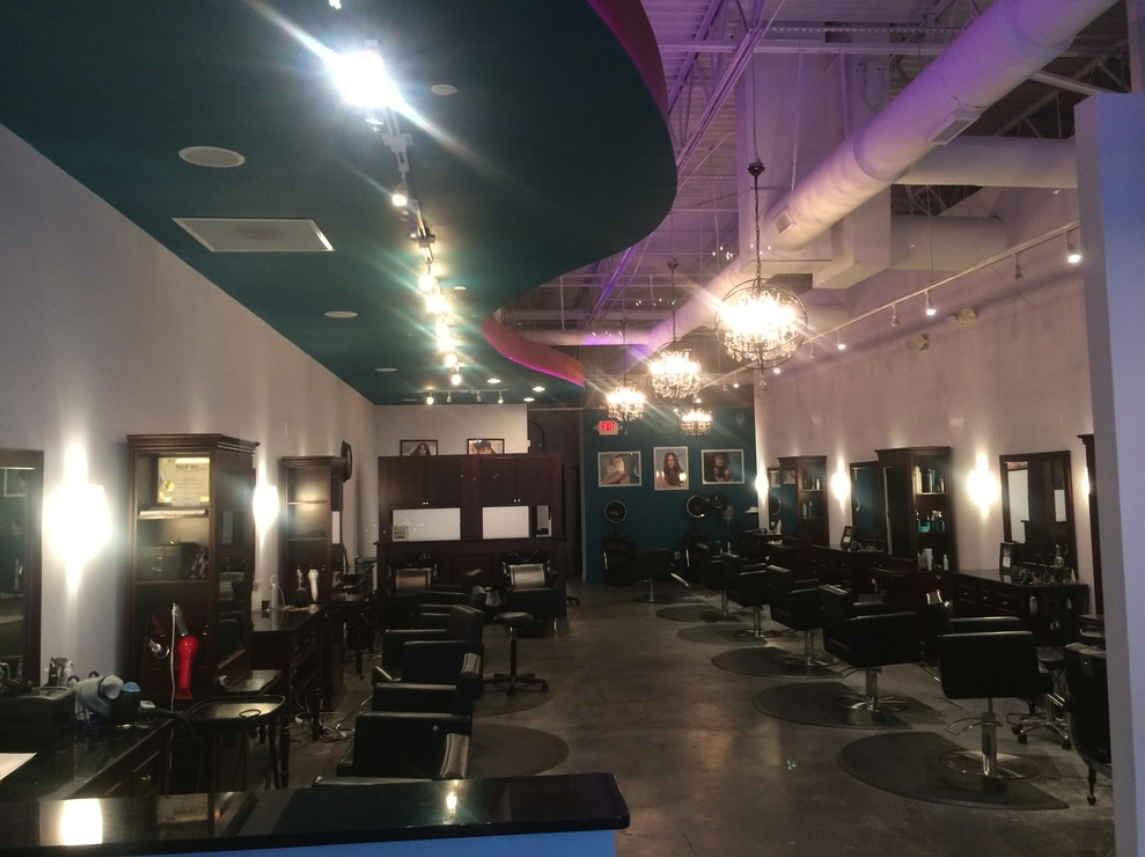 Clark Salon track lighting over stylist stations in Canton Georgia